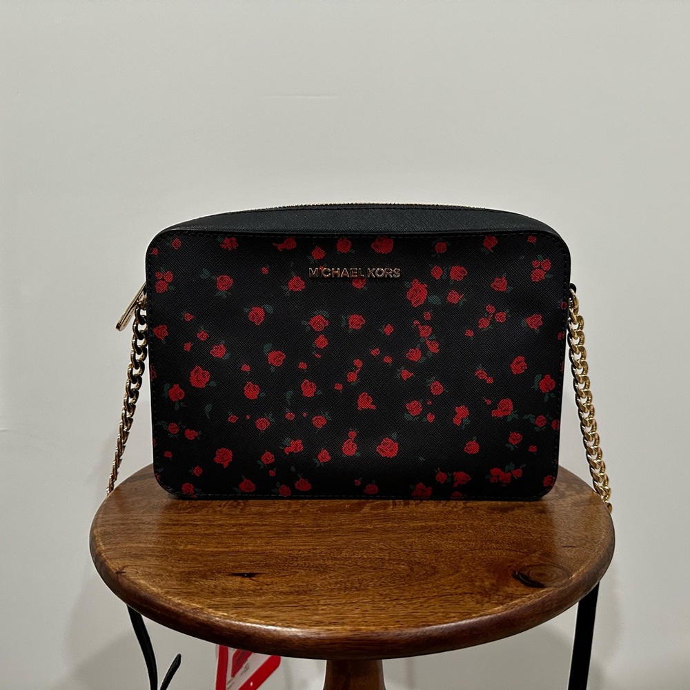 Michael Kors Black and Red Floral Crossbody Bag